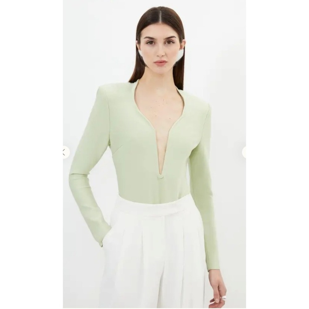 Karen Millen Zip Front Ribbed Bodysuit Womens XS Green Long Sleeve Bodycon Party
